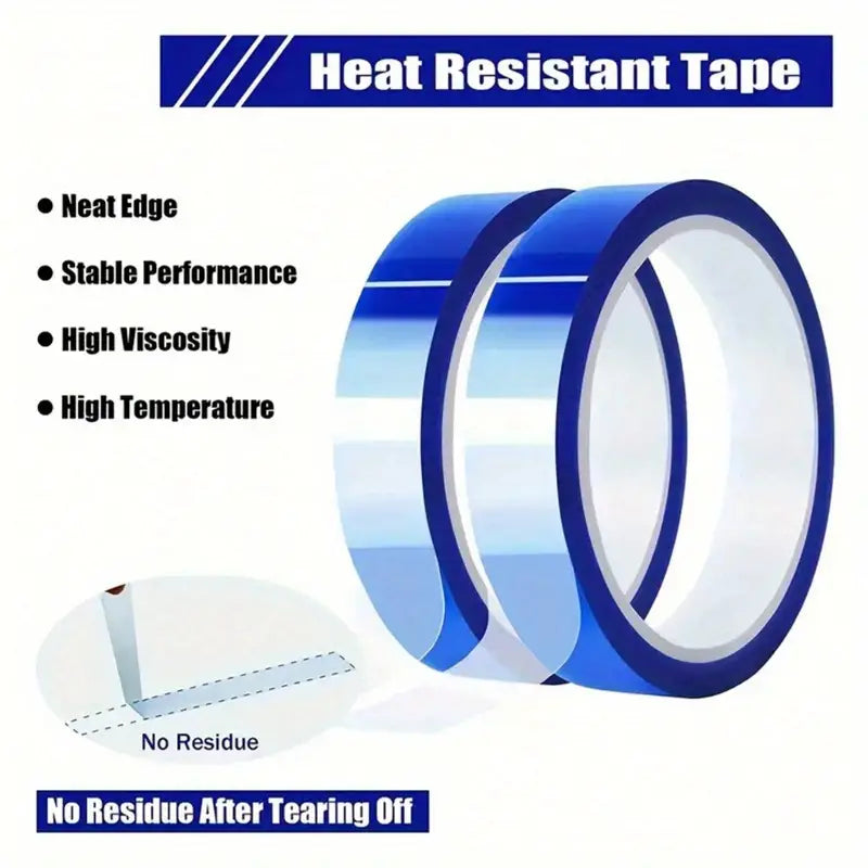 Blue heat resistant tape rolls showing neat edge and no residue properties - DTF heat transfer tape UK