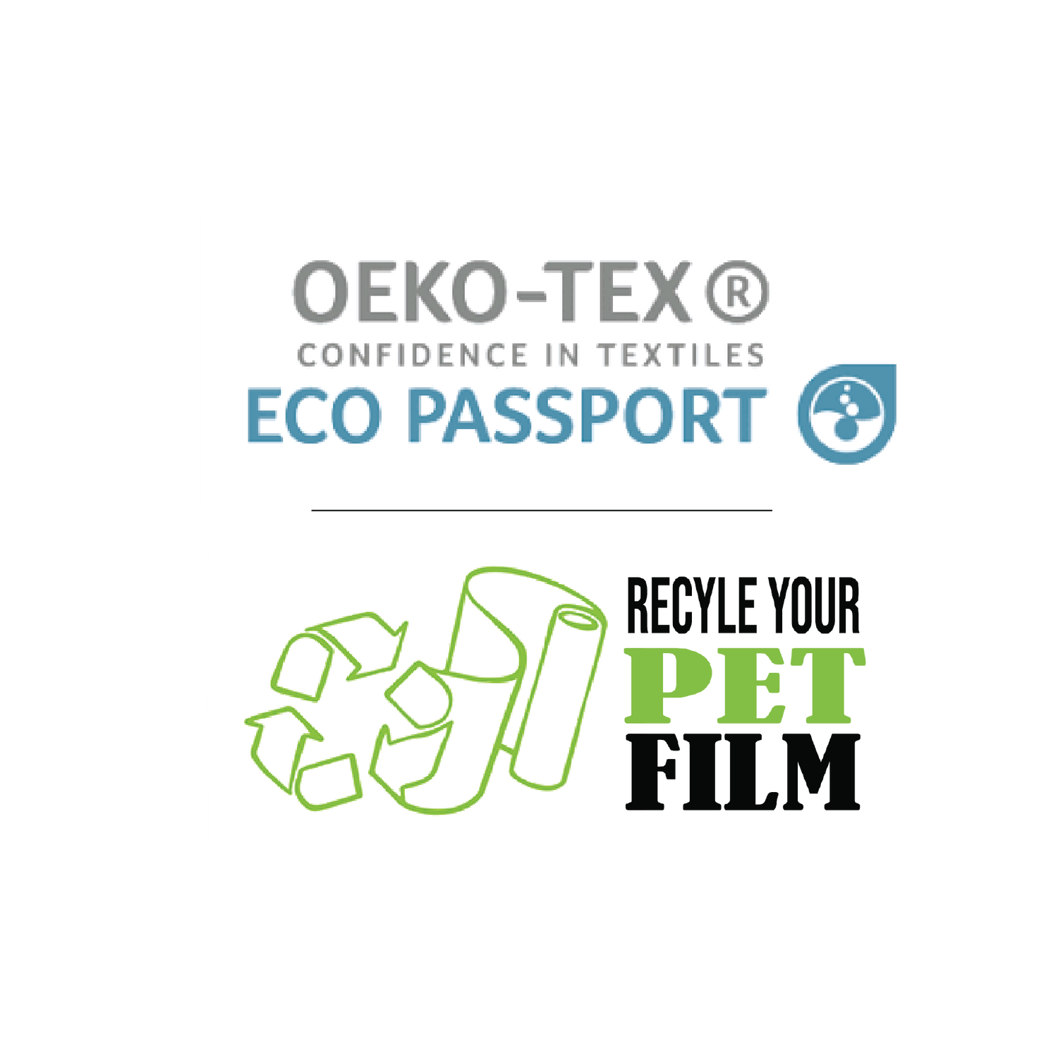 OEKO-TEX Eco Passport certification and Recyclable PET Film logos - DTF Print Online